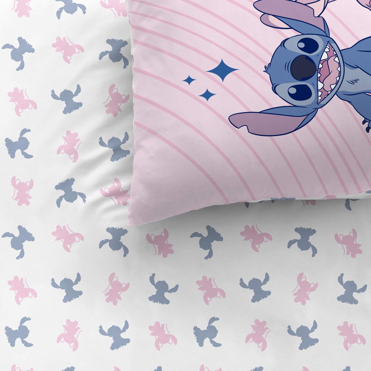 Parure de lit imprimée réversible 100% coton, AMOUR rose, DISNEY STITCH