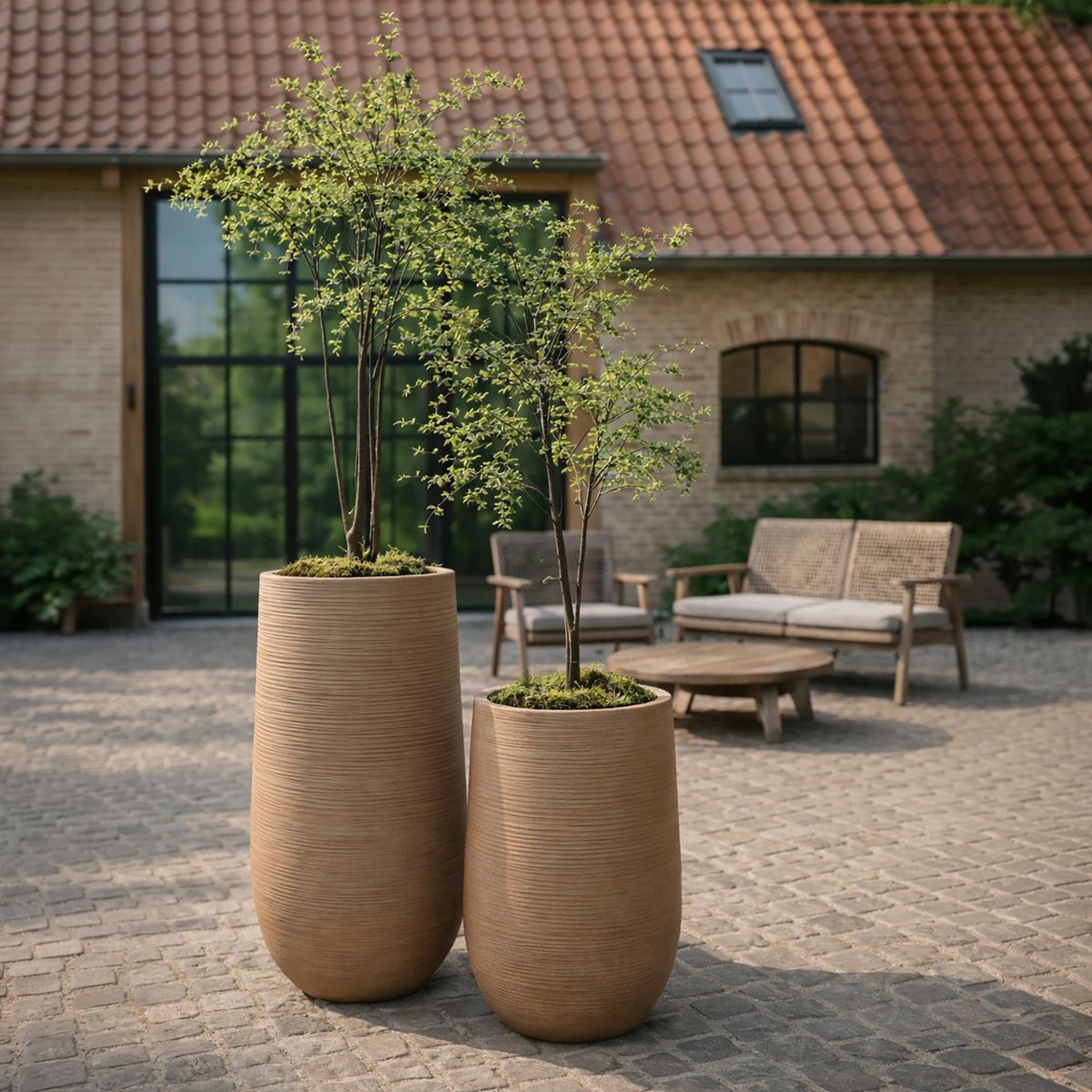 Lot de 2 pots ronds haut en fibre d'argile, COMPORTA couleur terre cuite, NOW'S HOME