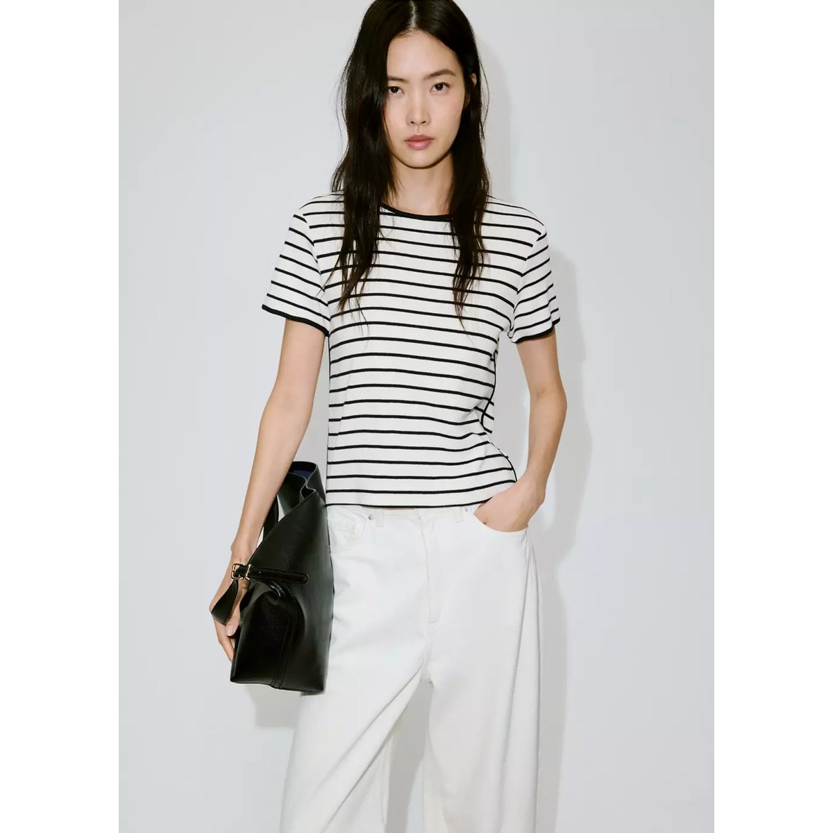 T-shirt coton liserés contrastants noir, MANGO