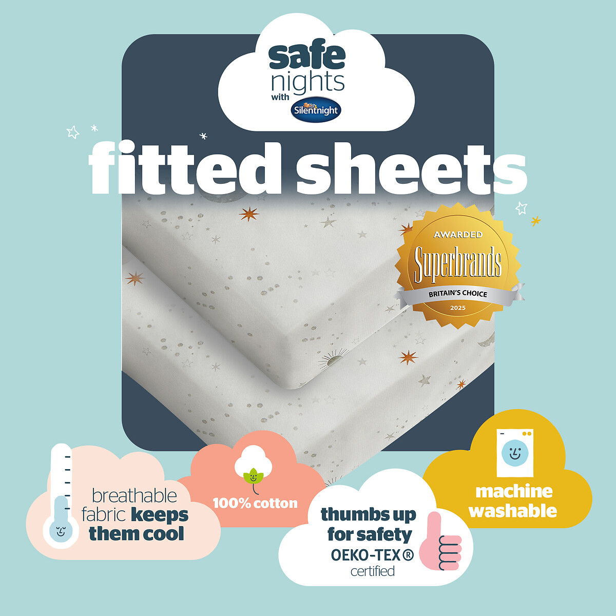 Safe Nights Celestial Moon and Stars Cot Fitted Sheet 2 Pack natural, SILENTNIGHT