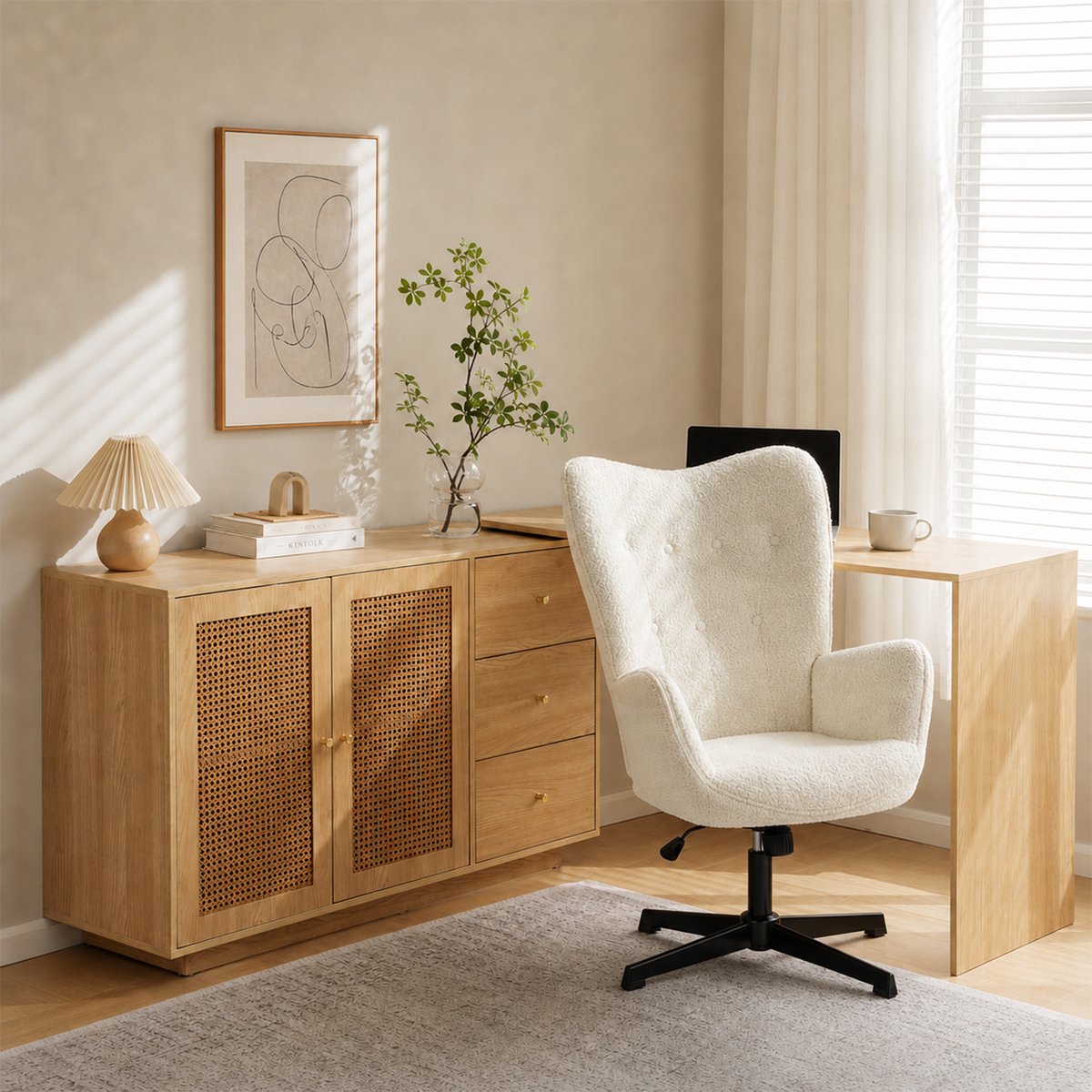 Ensemble de bureau d’angle rotatif avec portes rotin et chaise de bureau, DICCPERNFUCHS blanc, MEUBLES COSY