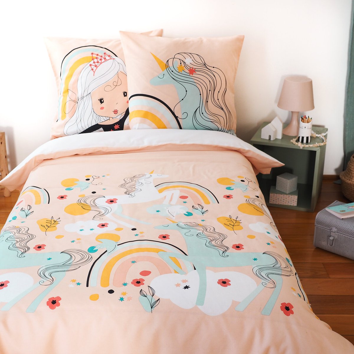 Parure de lit enfant licorne en polycoton, Lola blanc, C DESIGN HOME TEXTILE
