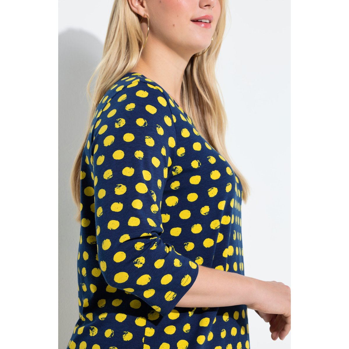 T-shirt à pois, col rond et manches 3/4 colza jaune, ULLA POPKEN