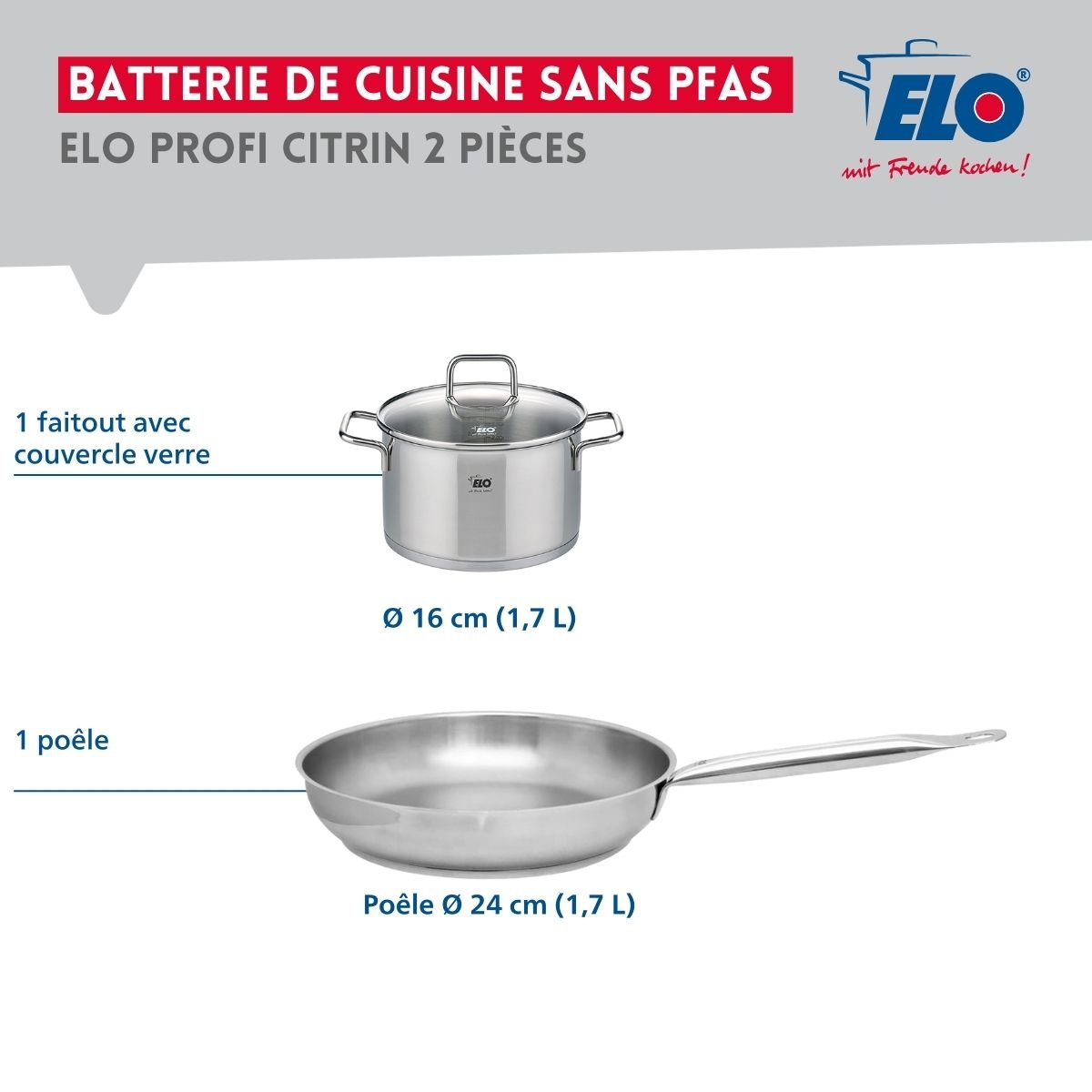 Batterie de cuisine 1 poêle 24cm + 1 faitout 16cm PROFI CITRIN gris, ELO
