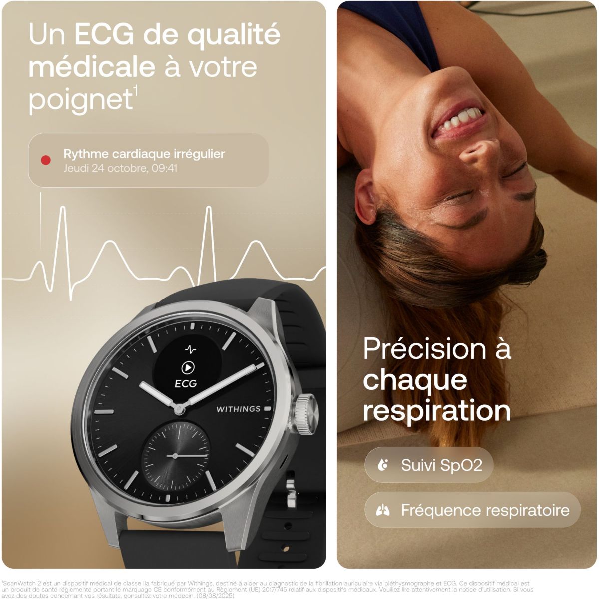 Montre santé Scanwatch 2 42mm Noire + bracelet Cuir offert couleur unique, WITHINGS
