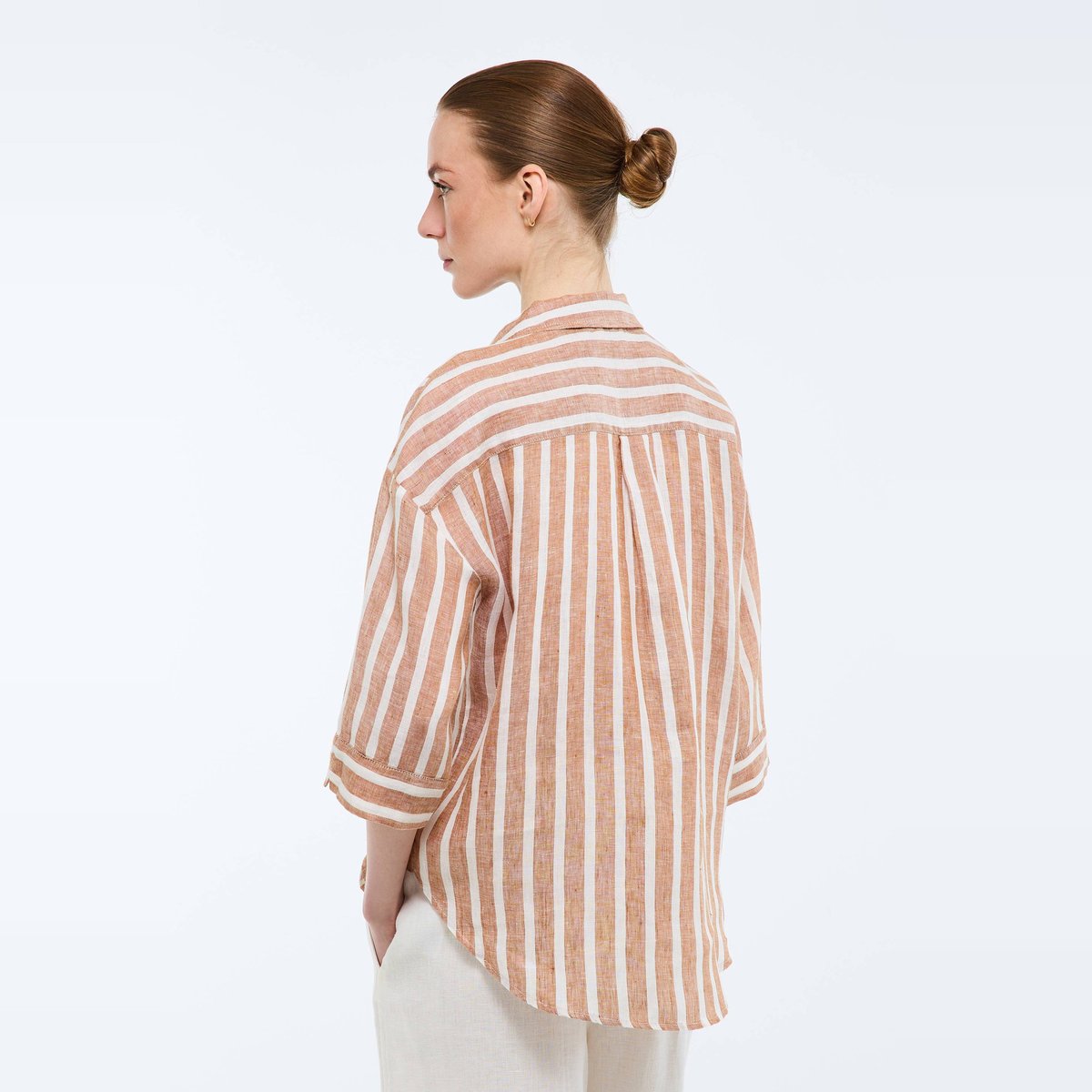 Blouse manches trois quarts rayée en lin copeau, MONOPRIX