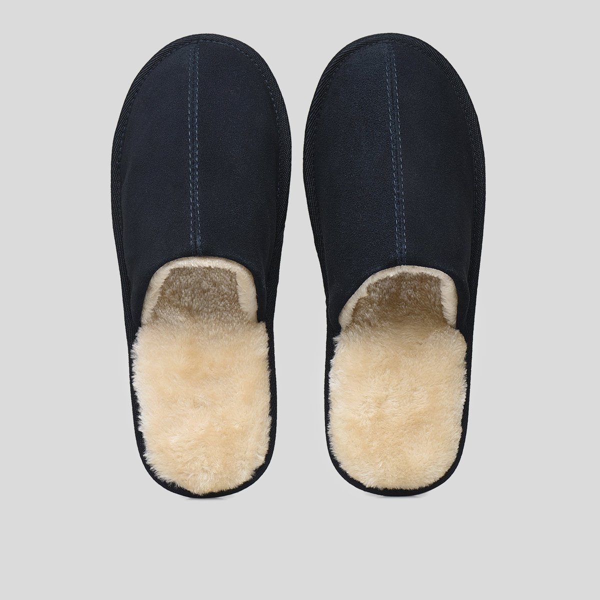 Mules fourrées en cuir suede marine, MONOPRIX