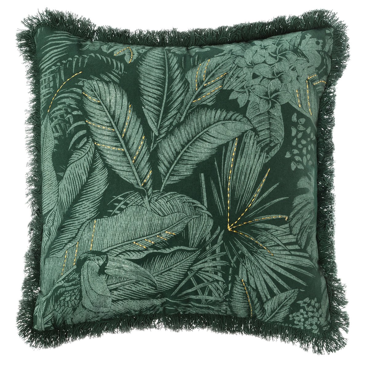 Housse de coussin à franges imprimé tropical vert, ATMOSPHERA