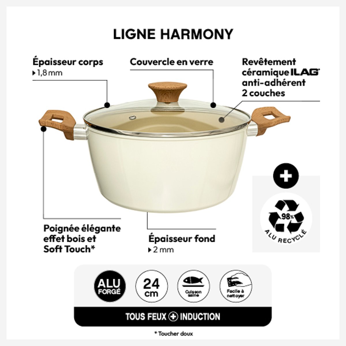 Faitout 24cm en aluminium forgé HARMONY beige, 5FIVE SIMPLY SMART