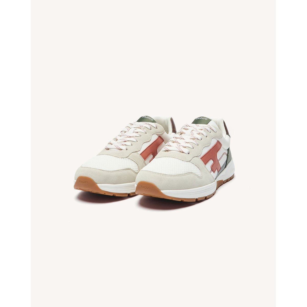 Running tissu suede OLIVE blanc et terracotta et kaki, FAGUO