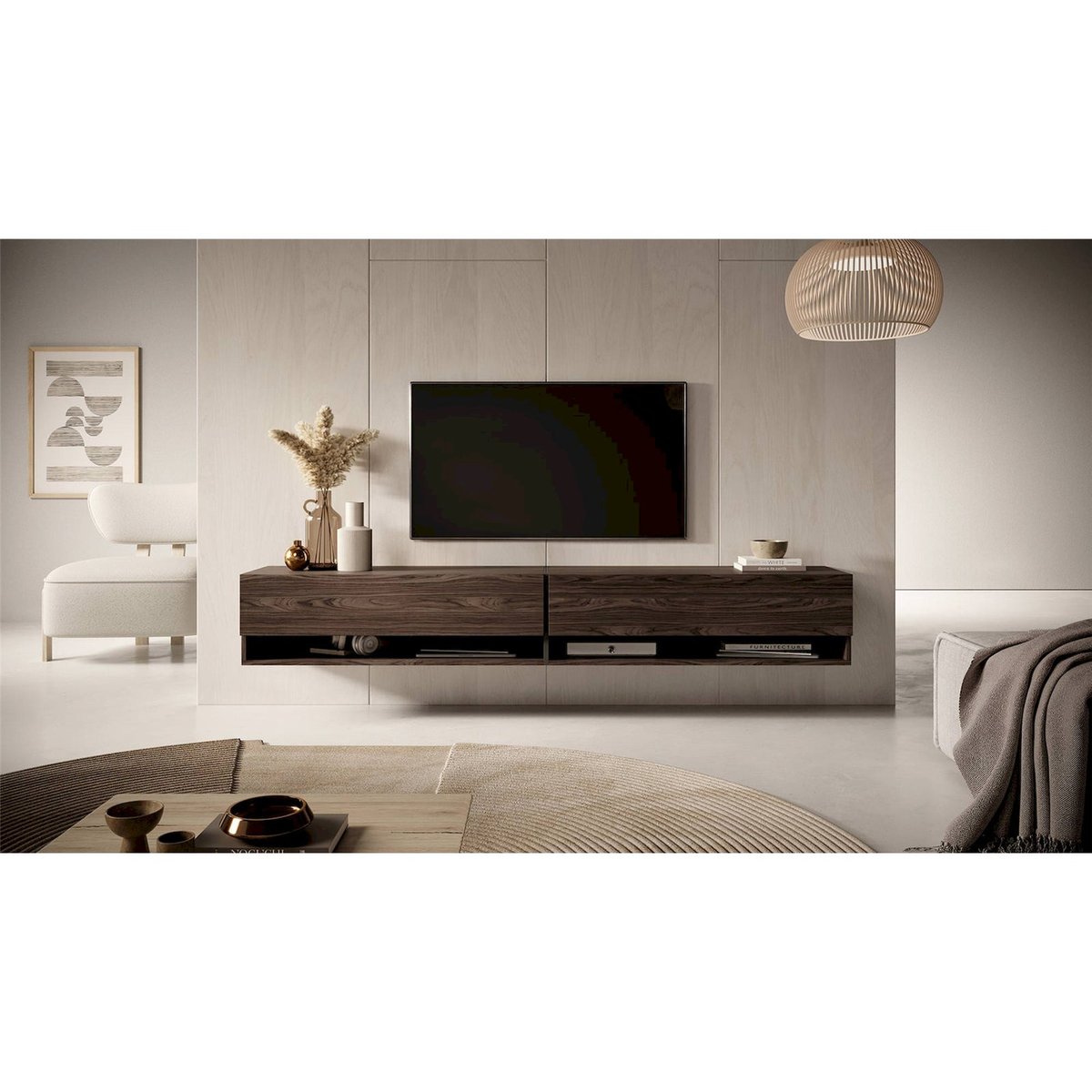 Meuble tv suspendu bois collection MIRRGO noyer, RECOLLECTION