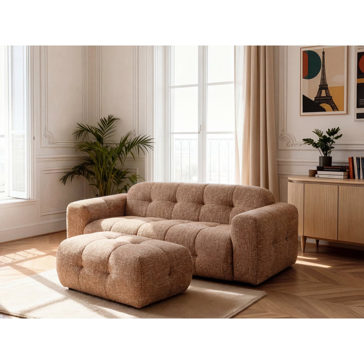 Canapé droit fixe 3 places en tissu chiné, LAURA orange, BOBOCHIC