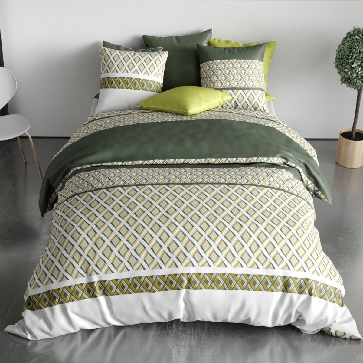 Housse de couette 260x240 NAYAA + 2 taies coton 57 fils vert, DECORATIE