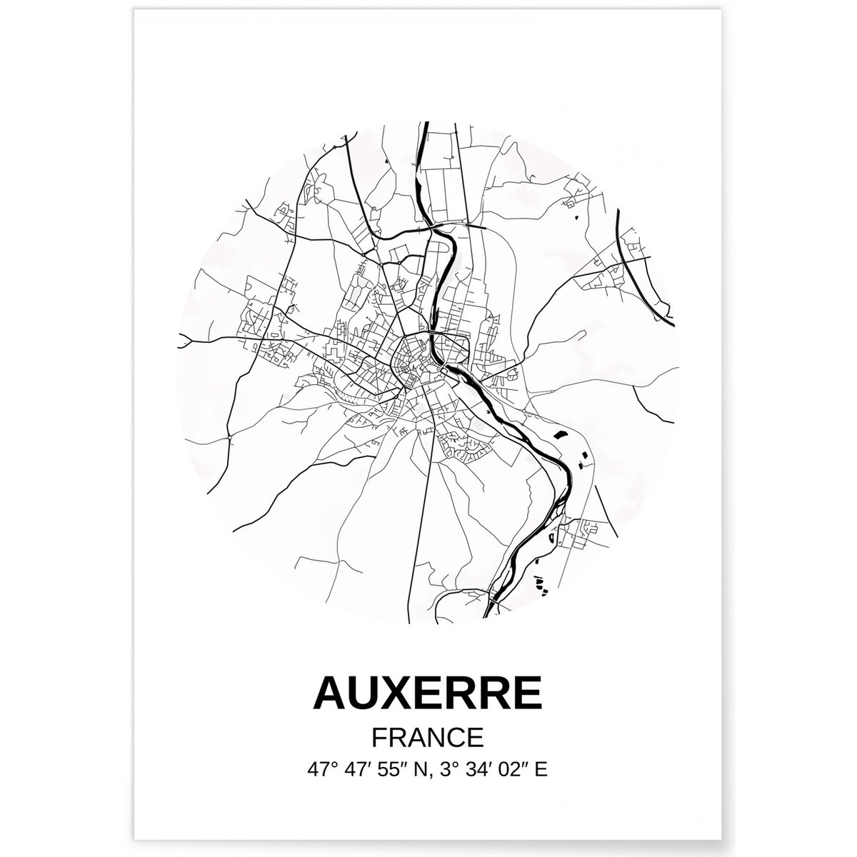 Affiche Carte Auxerre blanc, L'AFFICHERIE