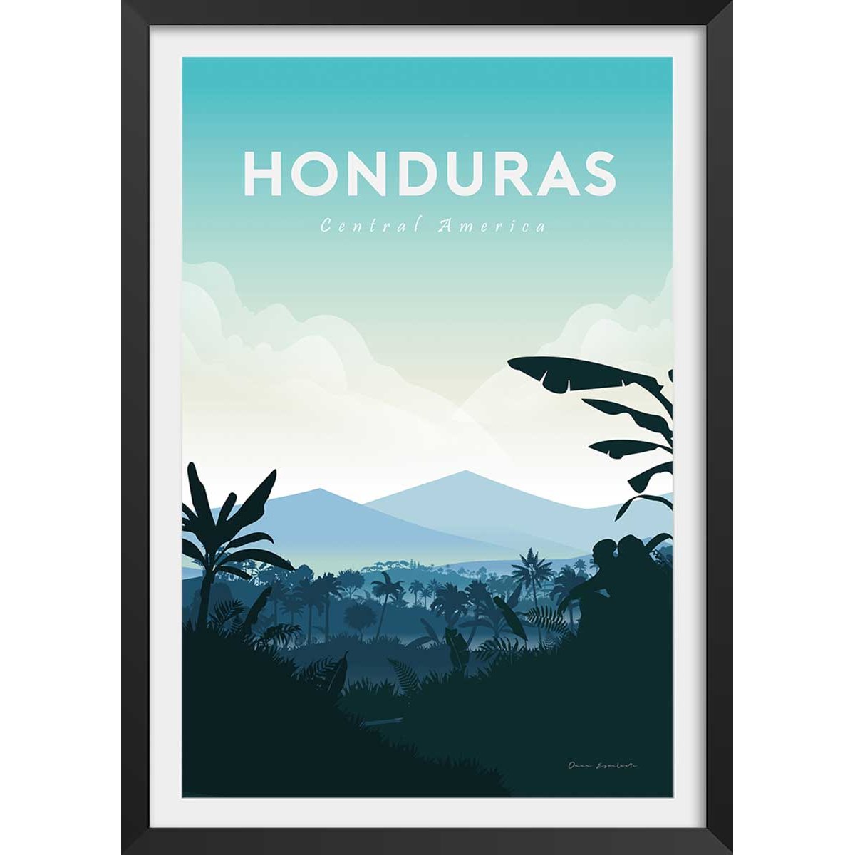 Affiche Voyage en Honduras affiche + cadre en bois - noir, HEXOA