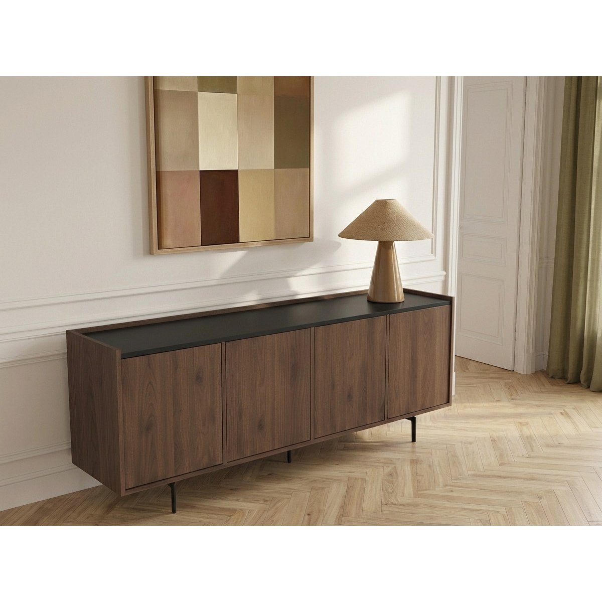 Buffet bas en 4 portes 200 cm, FREDA noir et noyer, BOBOCHIC