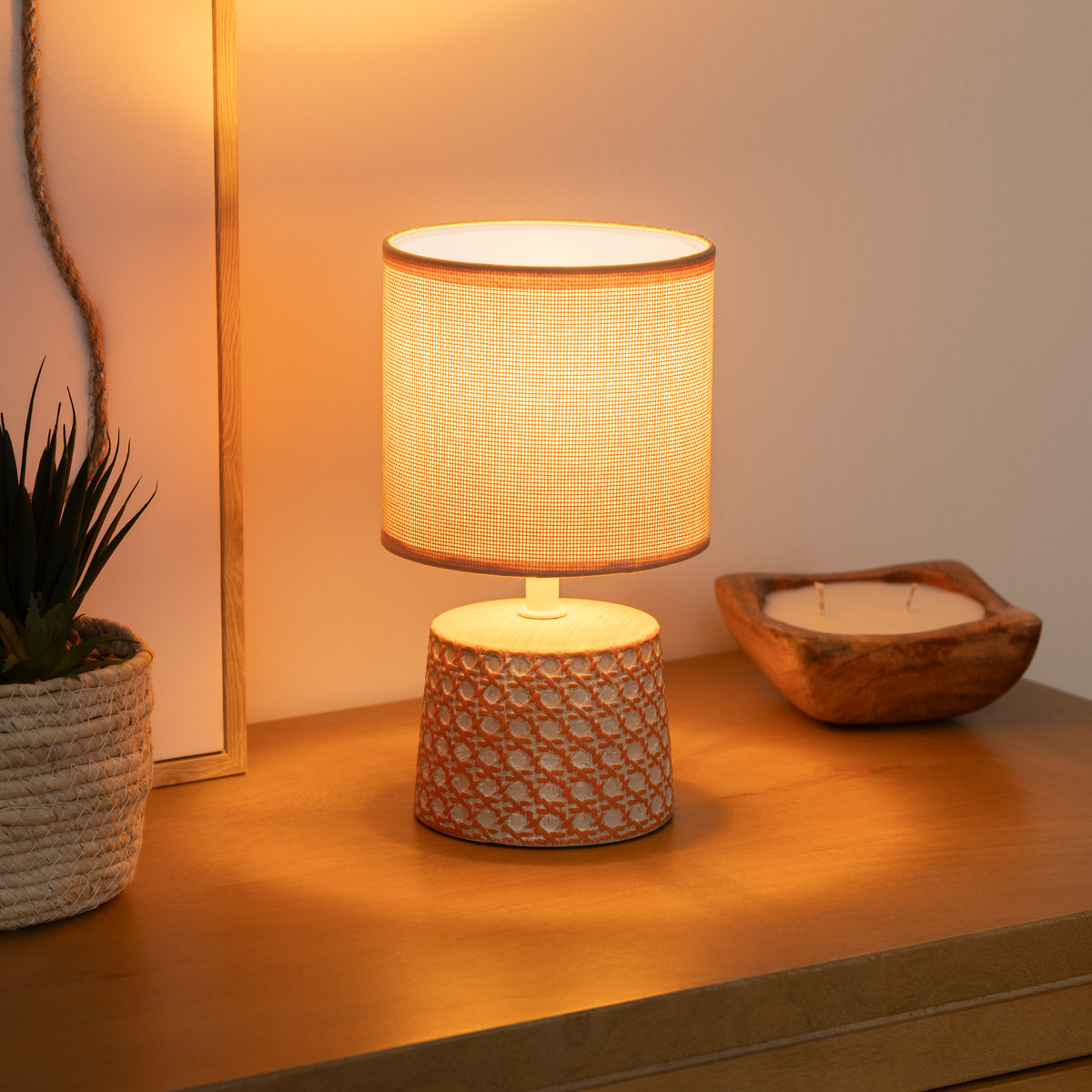 Lampe céramique grès design cannage YOJOA beige, ATMOSPHERA