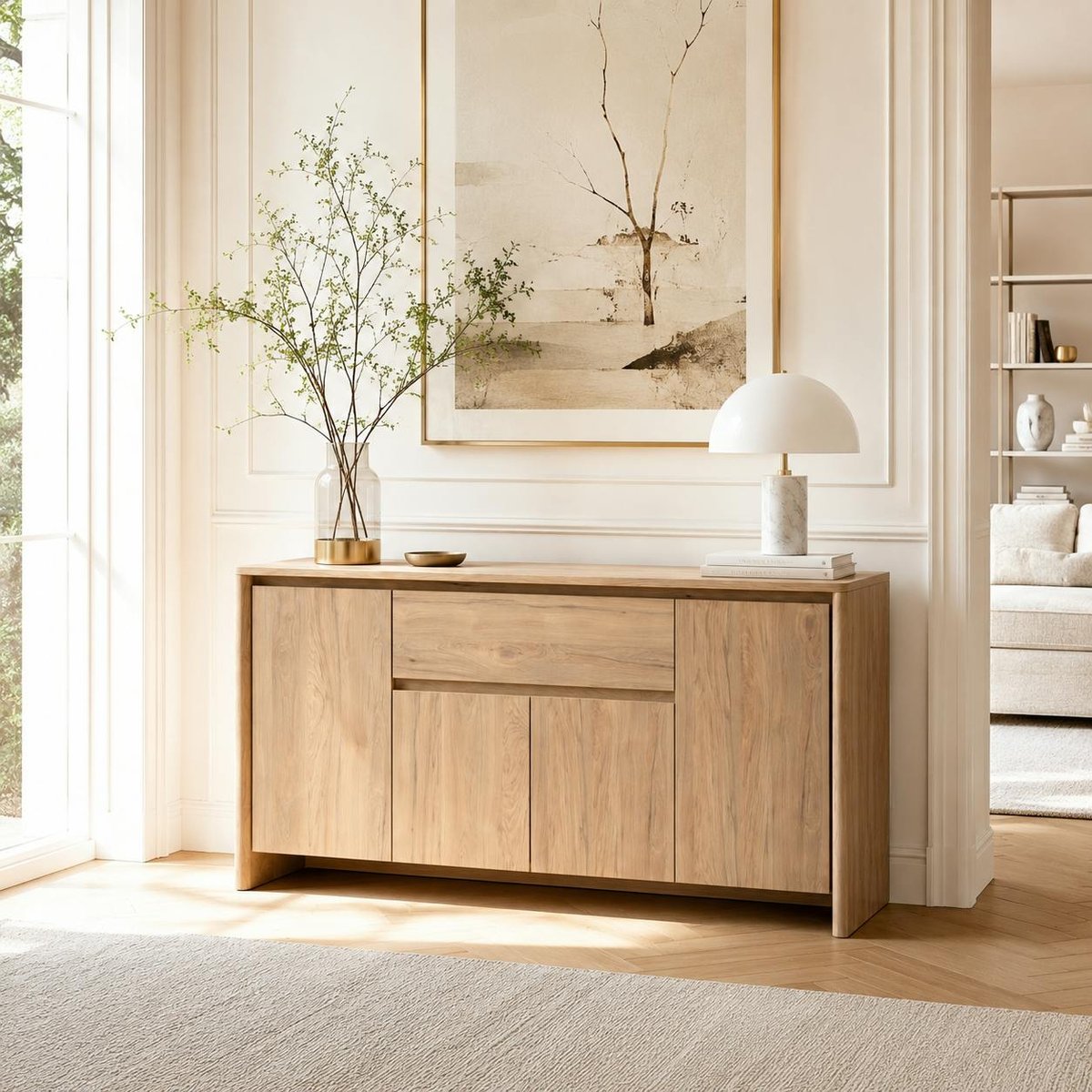 Buffet salle à manger effet bois 4 portes 1 tiroir ALVA bois naturel, PIER IMPORT