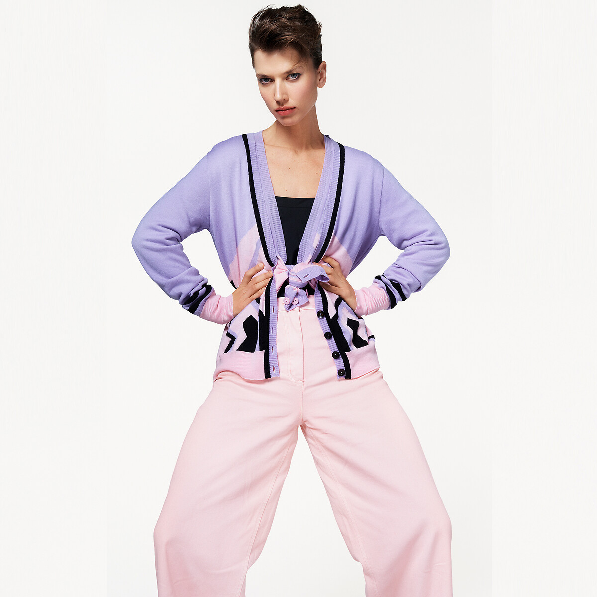Cardigan lungo con scollo a V profondo in lana merino viola parma, BLANCHEMAILLE