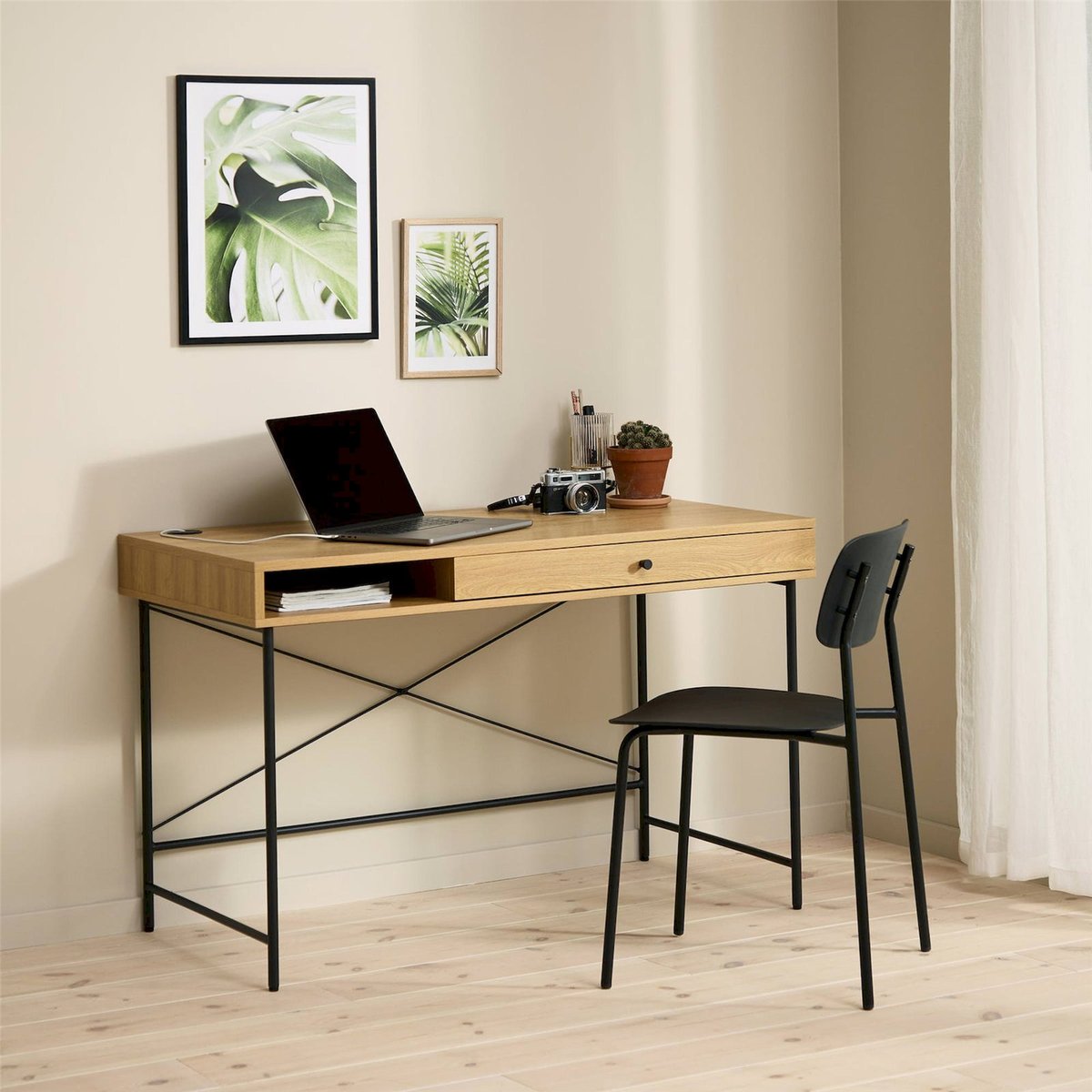 Bureau en métal avec tiroir et niche MOGEST beige et noir, RECOLLECTION