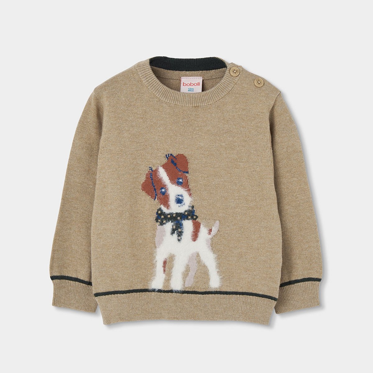 Pull garçon imprimé chien beige, BOBOLI