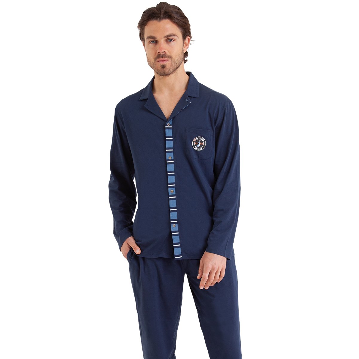 Pyjama long col chemise en coton bleu + marine, ATHENA