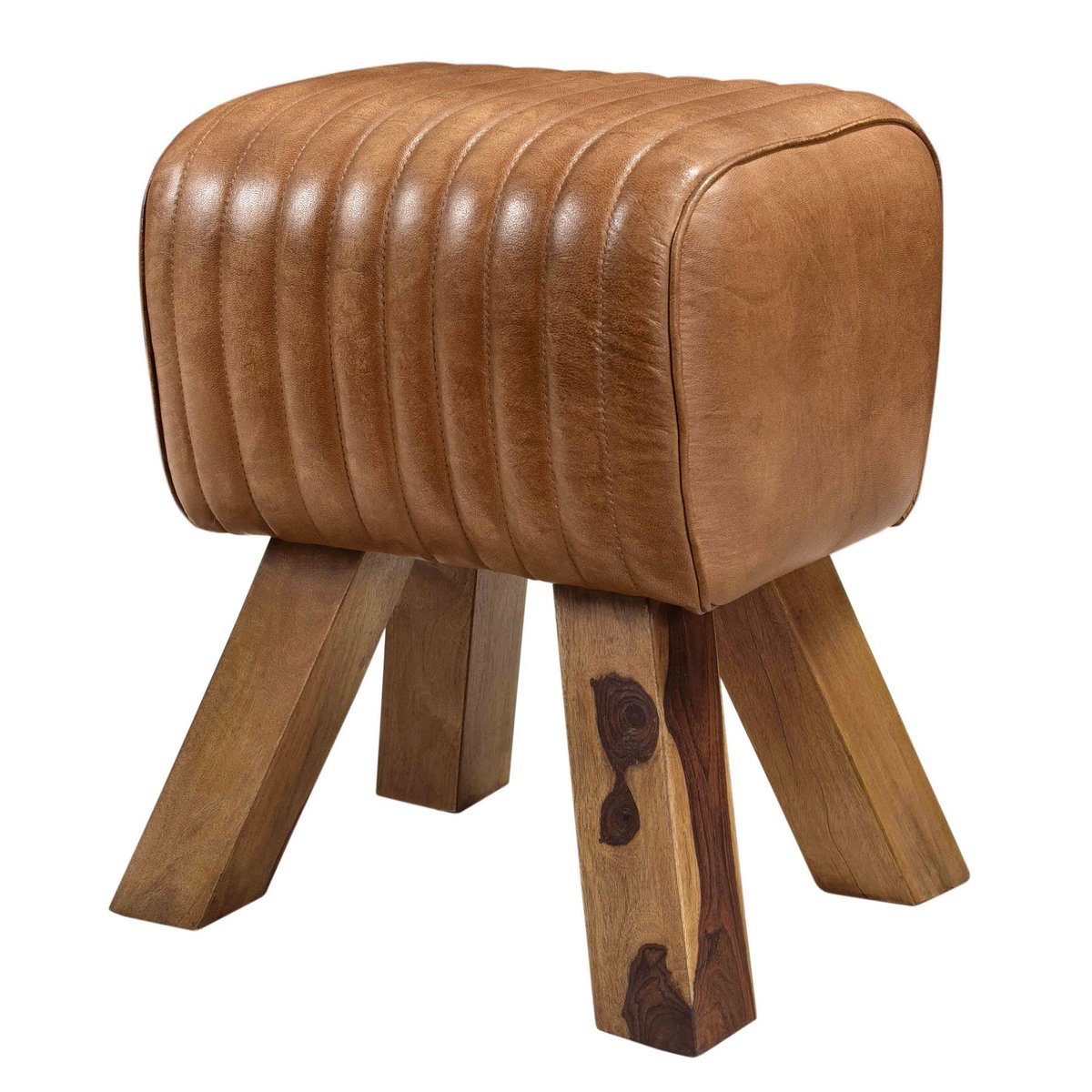 Tabouret en cuir de manguier - MORENA marron vieilli et pieds bois, MAISON PAVANE