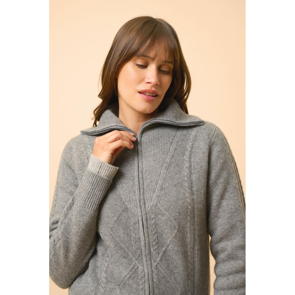 Gilet Zippé Col Camionneur 4 Fils Flanelle Chiné Talara gris chiné, JUST CASHMERE
