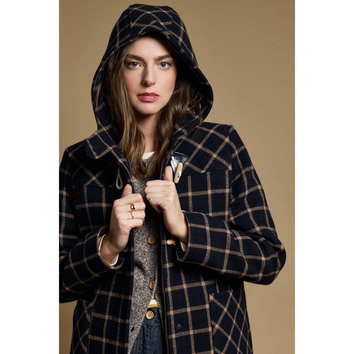 Duffle-coat à carreaux en drap de laine carreaux marine/beige, ARMOR-LUX