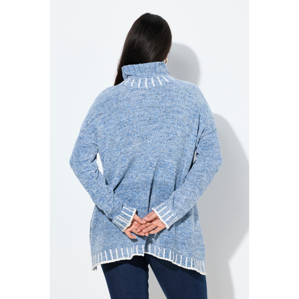 Pull poncho en maille chenille, oversized bleu pigeon, ULLA POPKEN