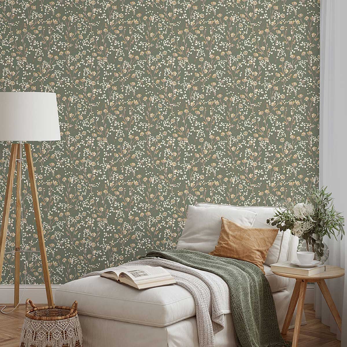 Papier peint fleurs sauvages vert sauge naturel vert, HEXOA