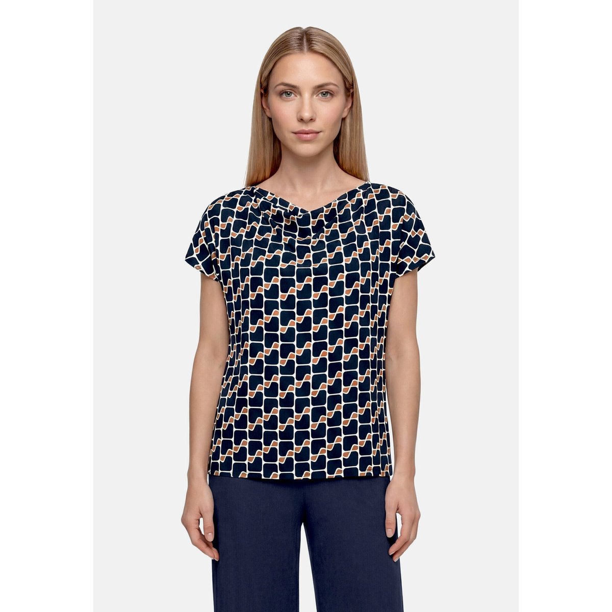 Haut imprimé à encolure bénitier dark blue/brown, BETTY BARCLAY