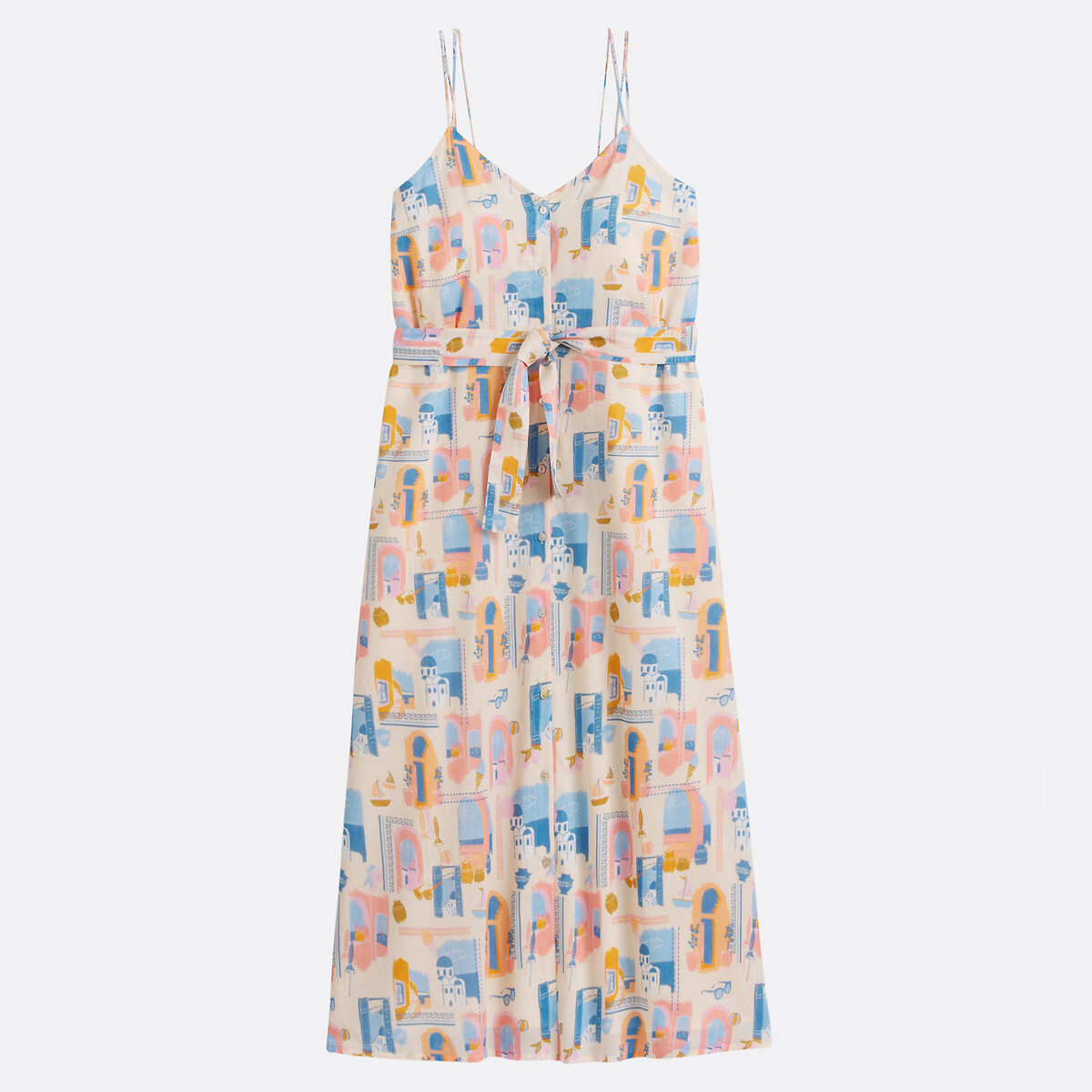 Printed Flared Maxi Dress with Shoestring Straps multi-coloured, LA REDOUTE COLLECTIONS