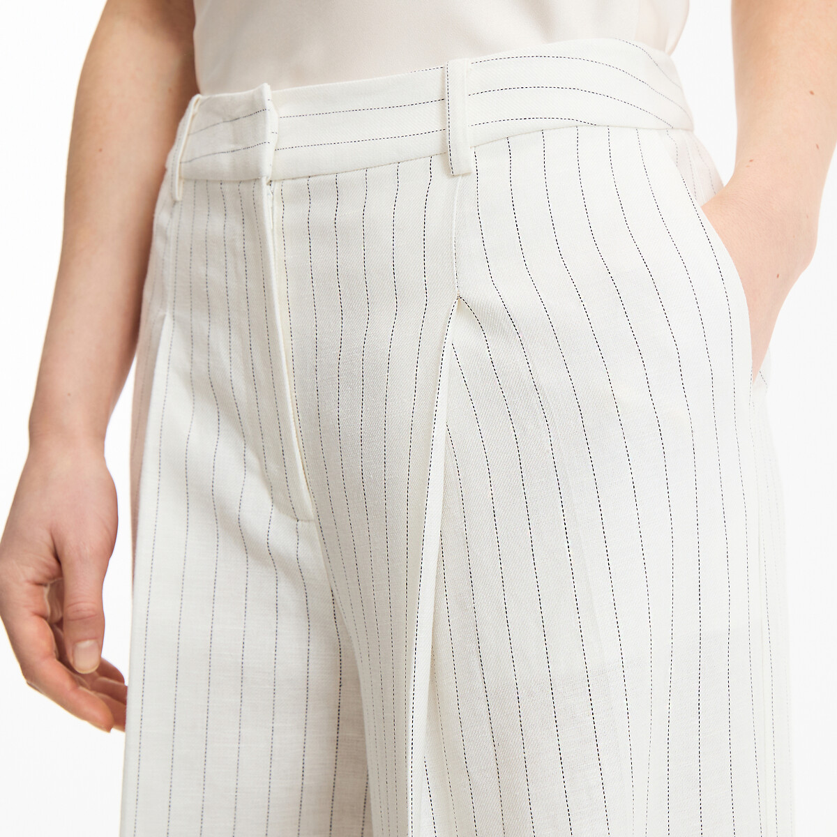 Pantalon large à pinces à rayures en lin et coton rayé ivoire/marine, LA REDOUTE COLLECTIONS