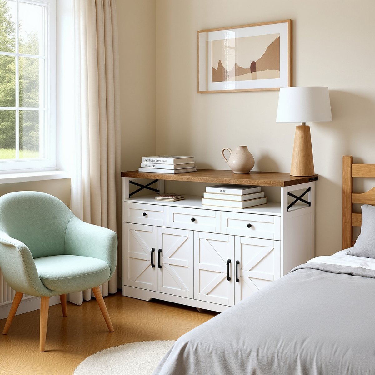 Armoire de rangement avec 4 portes 3 tiroirs et 3 couches, ALBINA Armoire blanc et noyer, MEUBLES COSY