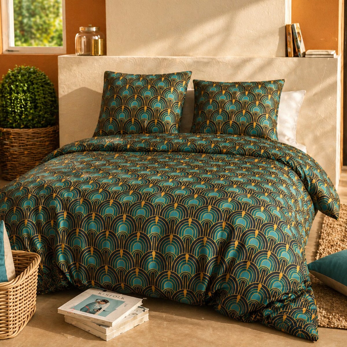 Paure coton imprimée couette et 2 taies, ROMANA noir, ATELIER DU COTON