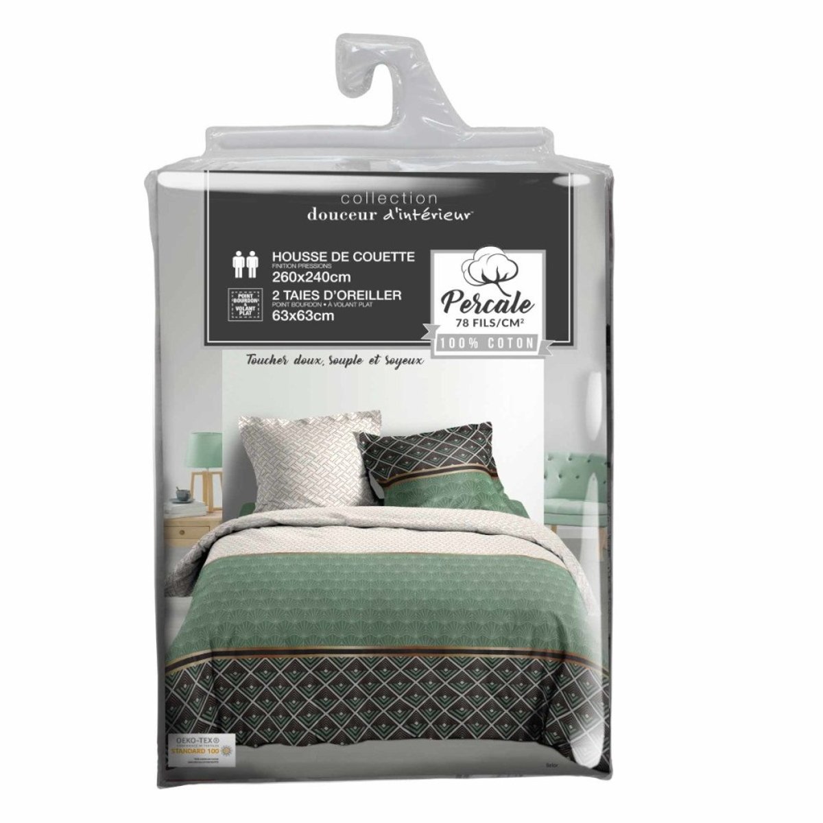 Housse De Couette 260x240 + 2 Taies Belor Coton Percale 78 Fils vert, DECORATIE