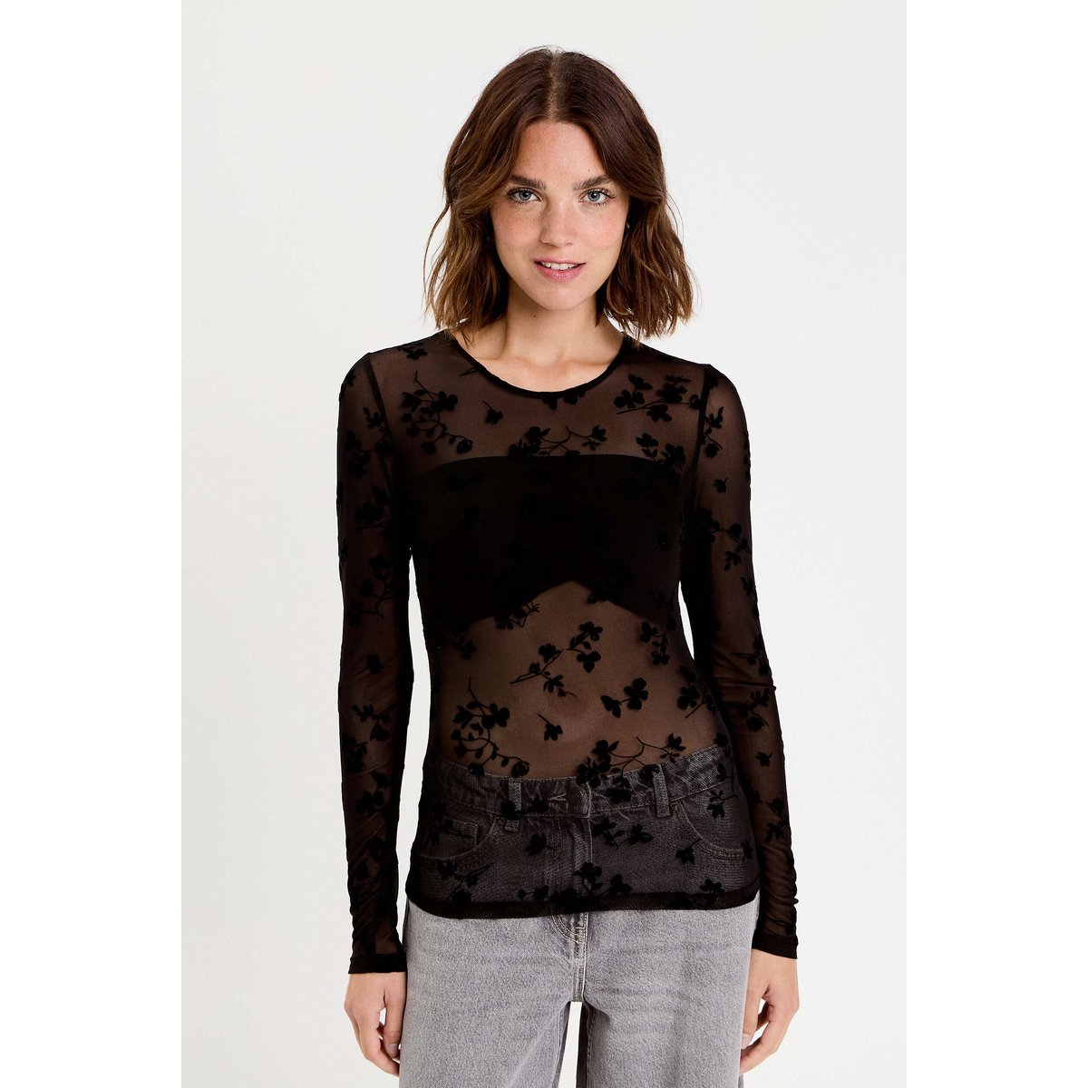 T-shirt ajusté manches longues noir, CACHE CACHE