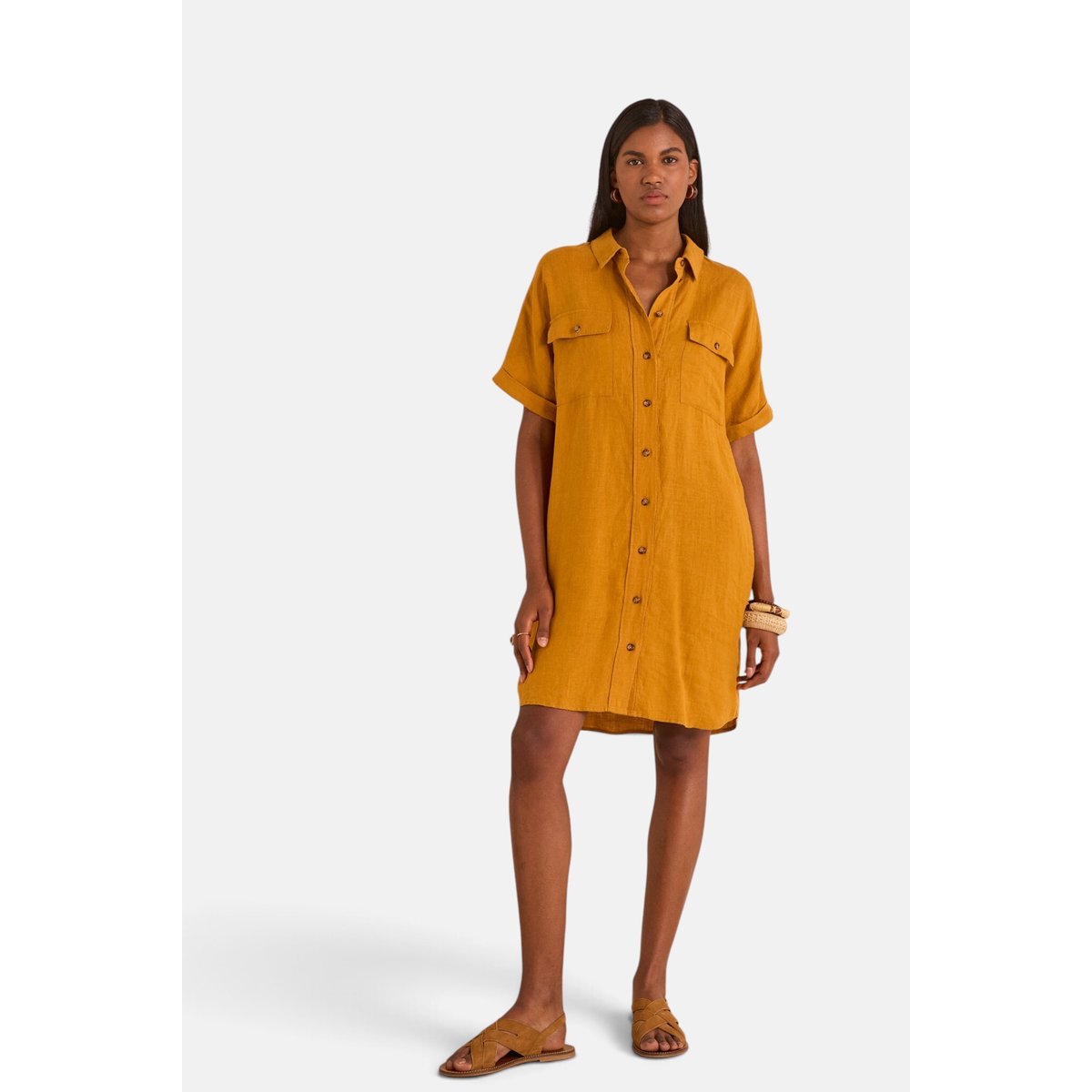 Robe chemise droite en lin LAYA ocre, Maison 123