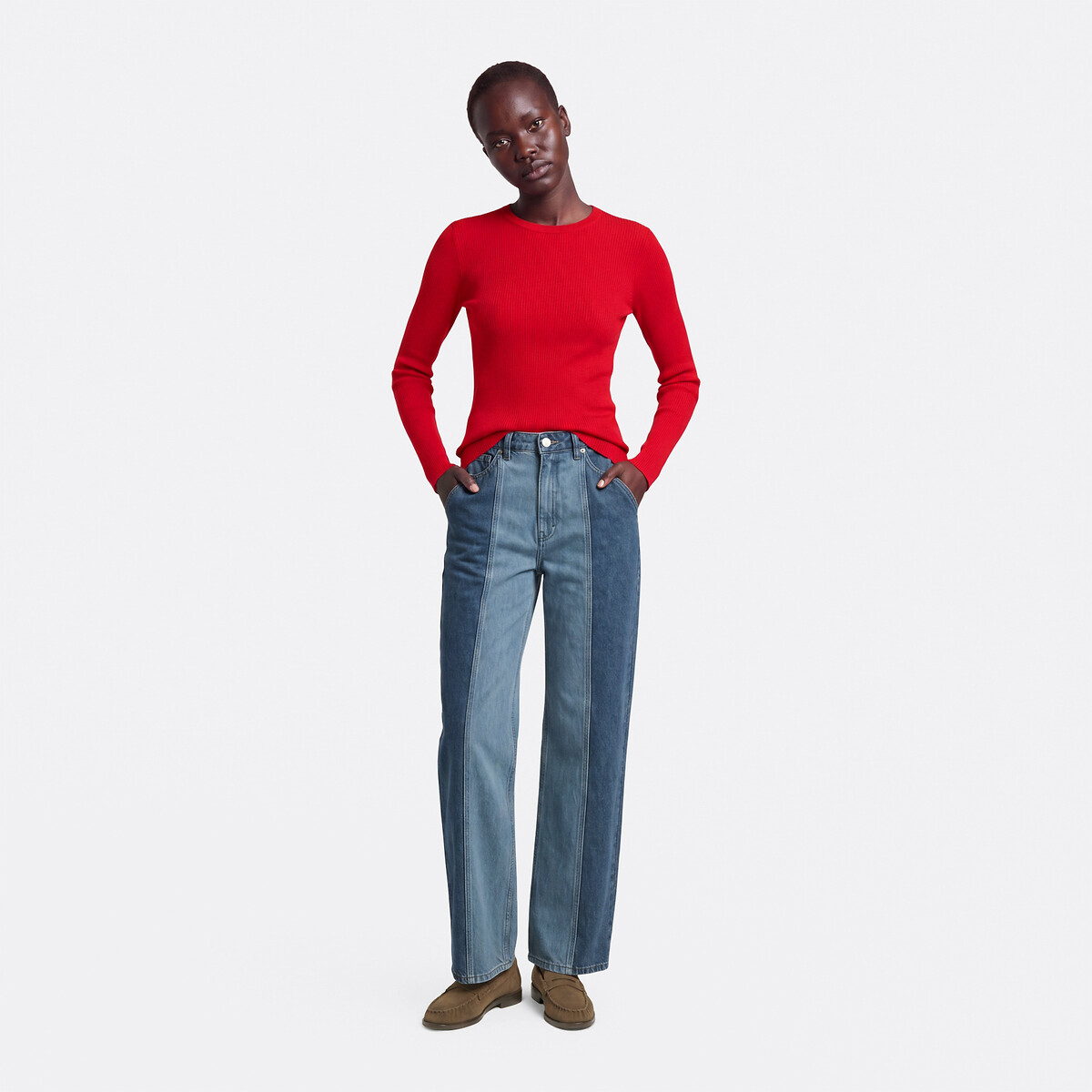 Fine Knit Crew Neck Jumper dark red, LA REDOUTE COLLECTIONS