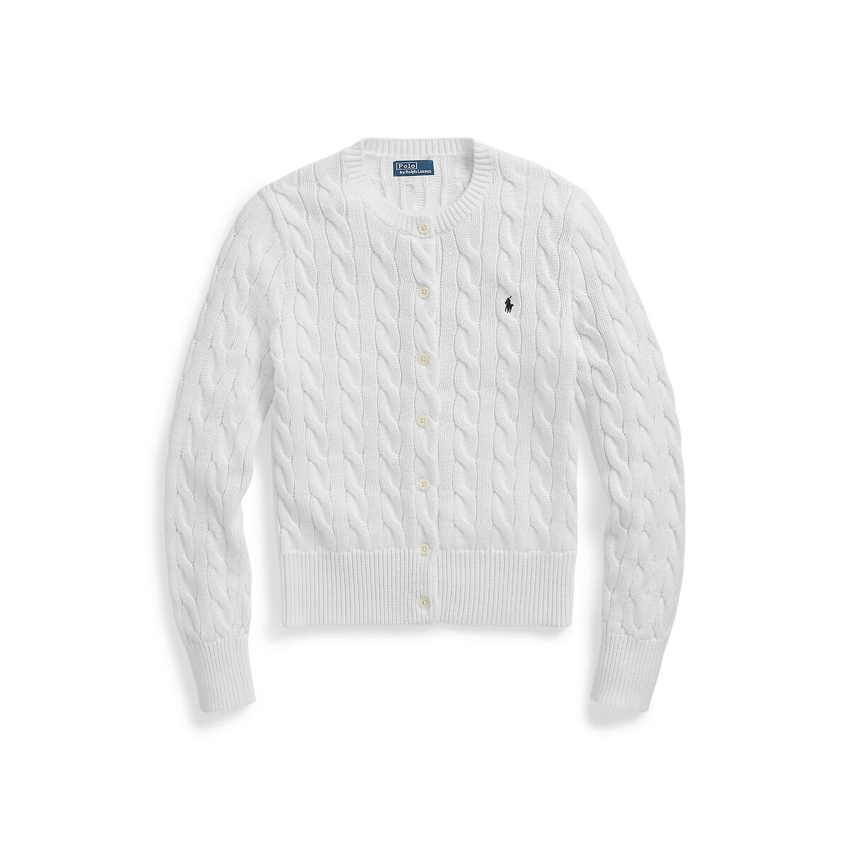 Cardigan à col rond et à manches longues, en maille torsadée blanc, POLO RALPH LAUREN