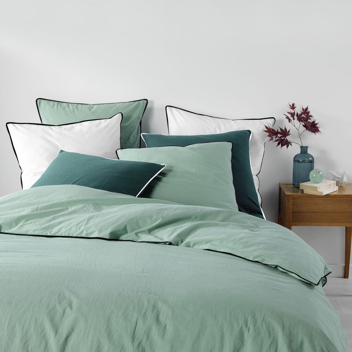 Parure de lit coton lavé LINETTE vert d'eau, DOUCEUR D'INTÉRIEUR