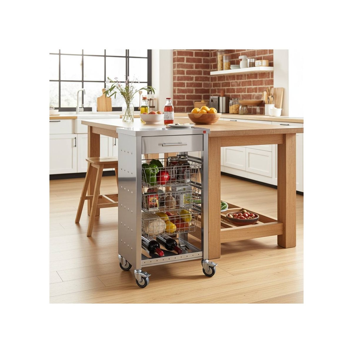 Desserte de cuisine inox à roulettes OTTO avec tiroir et paniers argent, DON HIERRO