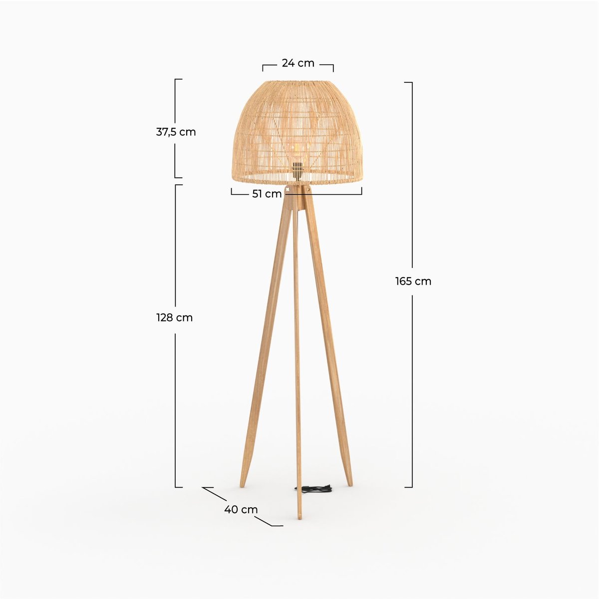 Lampadaire trépied en rotin de teck massif - CORTE beige, MAISON PAVANE