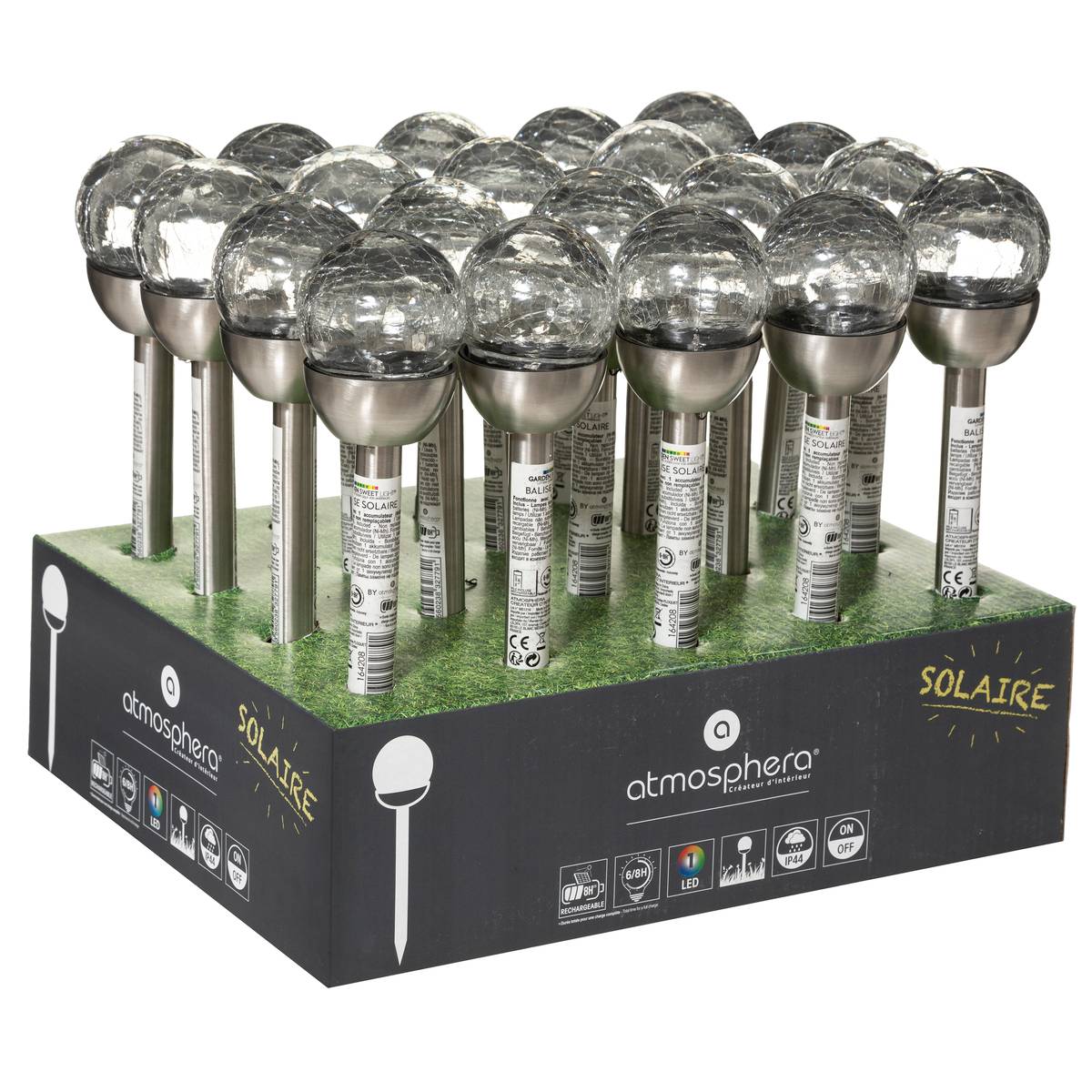 Balise solaire de jardin en inox et verre SIVA argent, ATMOSPHERA