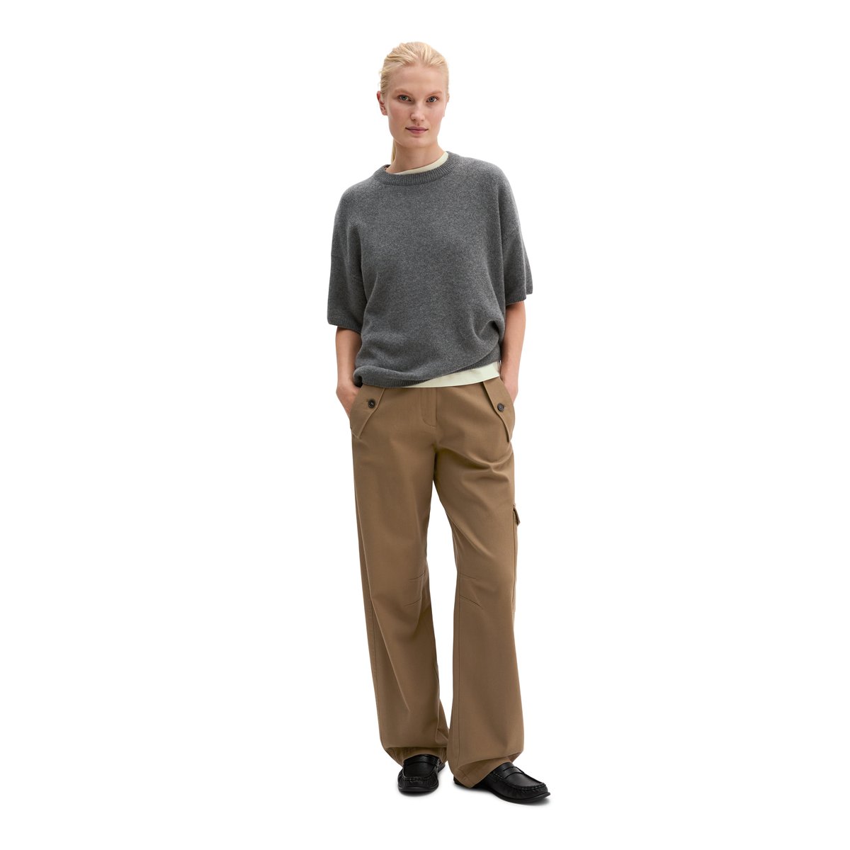 Pull à manches courtes ample en laine mérinos douce gris, MARC O'POLO