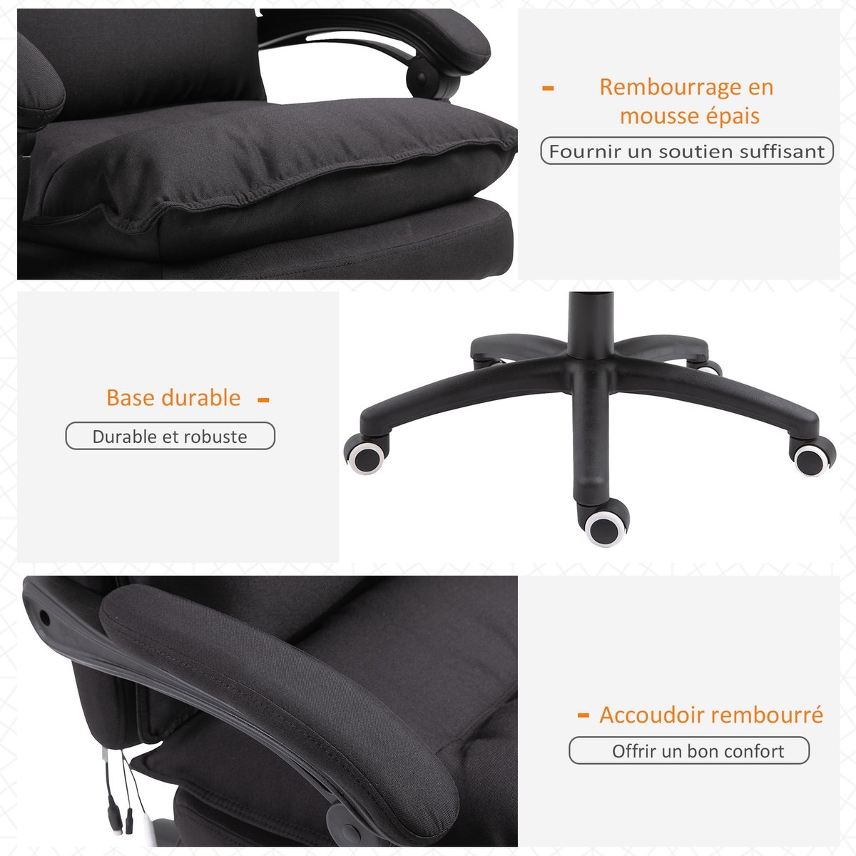 Fauteuil de bureau avec fonction massage Lin noir, HOMCOM