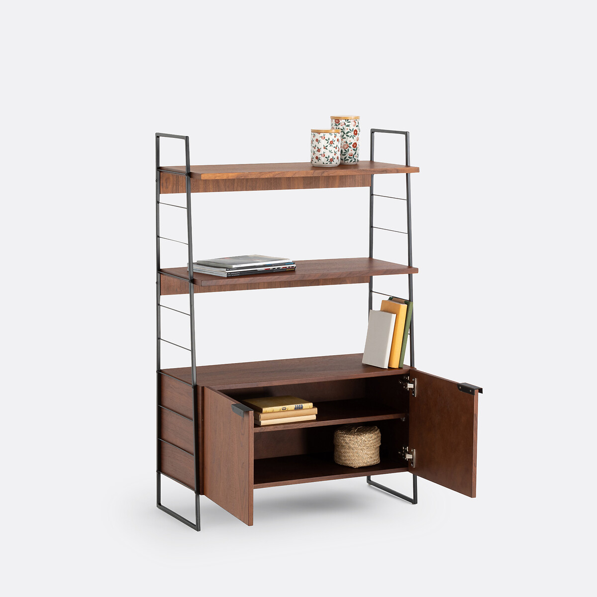 Watford Bookcase in Steel and Walnut Veneer, Height 123cm black/walnut stain, LA REDOUTE INTERIEURS
