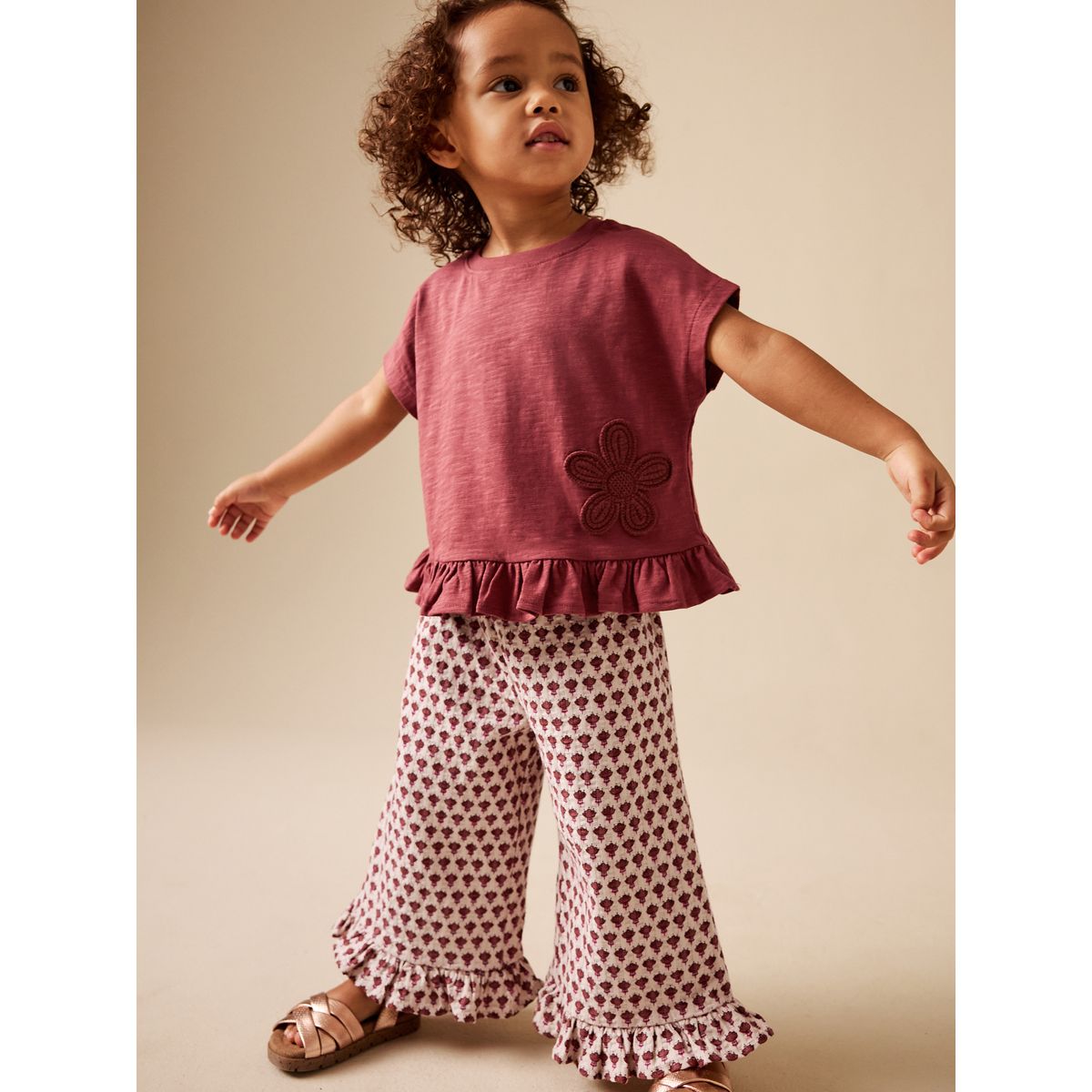 Ensemble haut et pantalon large fleur rouge/brune, NEXT
