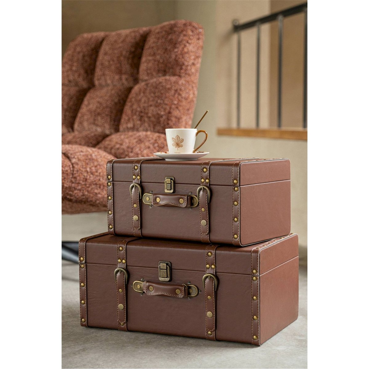 Set de 3 boîtes de rangement esprit malle marron, RECOLLECTION